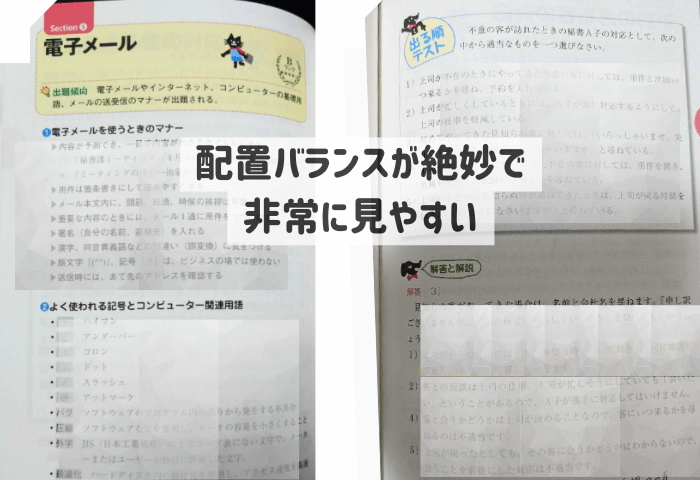 秘書検定2級テキスト「出る順問題集 秘書検定2級に面白いほど受かる本」の実際のページの1部
配置が見やすくわかりやすい