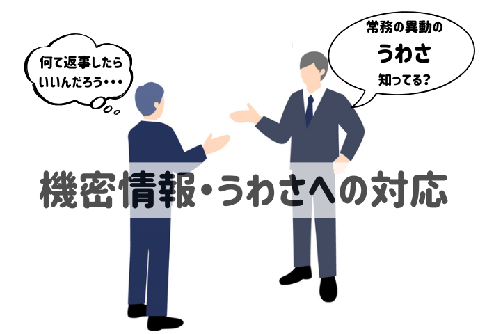 秘書が会社のうわさ話の真偽を尋ねられたシチュエーションのイラスト

男性同僚が「常務の異動のうわさ知ってる？」と尋ねてきて
男性秘書は「何て返事したらいいんだろう…」と返答に困っている場面